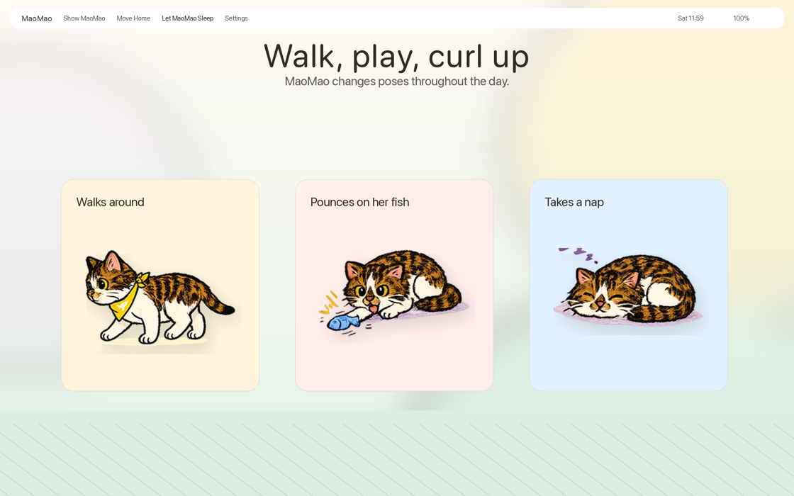 MaoMao walking, playing, and sleeping.
