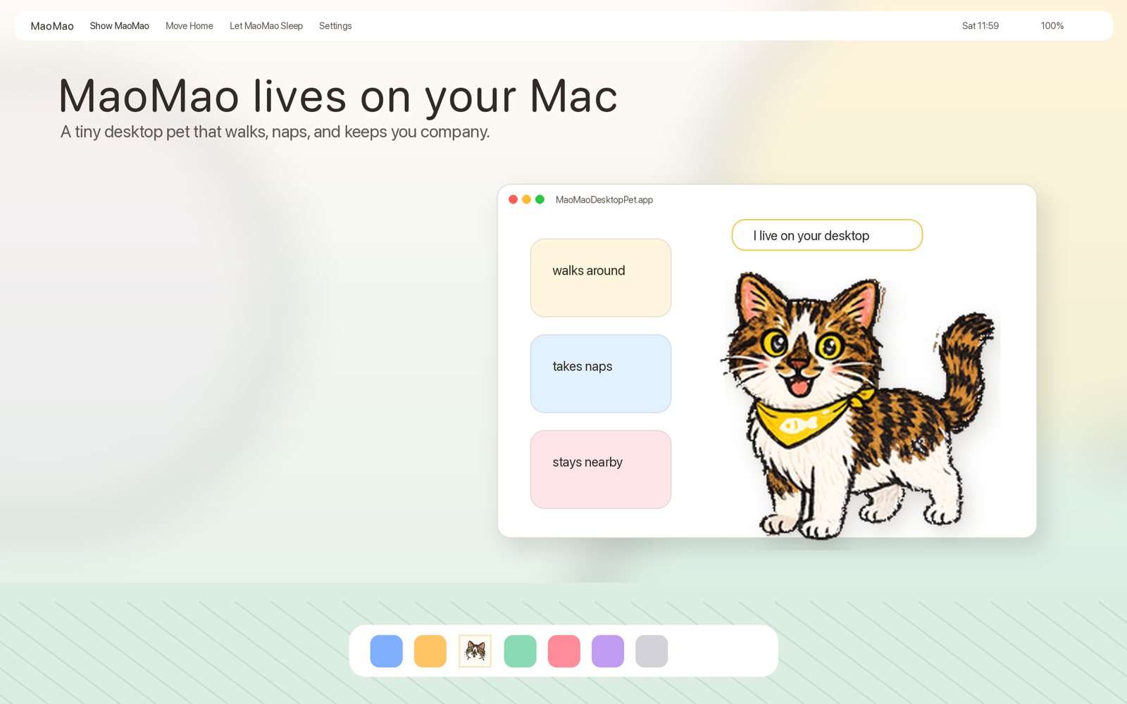 MaoMao Desktop Pet shown on a Mac desktop.