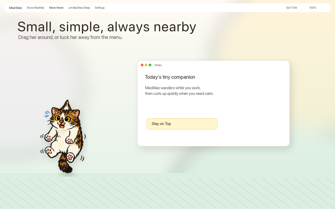 MaoMao staying near a note window on a Mac desktop.