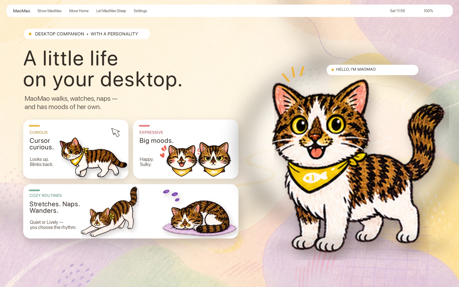 MaoMao 1.1 showing her curious, expressive, and cozy desktop routines.
